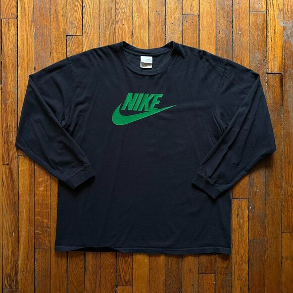 Vintage Y2K Nike Icon‎ Long Sleeve Shirt Men XL Black Green Spell Out Swoosh. - Picture 1 of 6